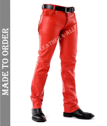 Men's Real Cowhide Leather 5 Pockets Style Pants / Trousers Motor Bikers Pants In Red Color