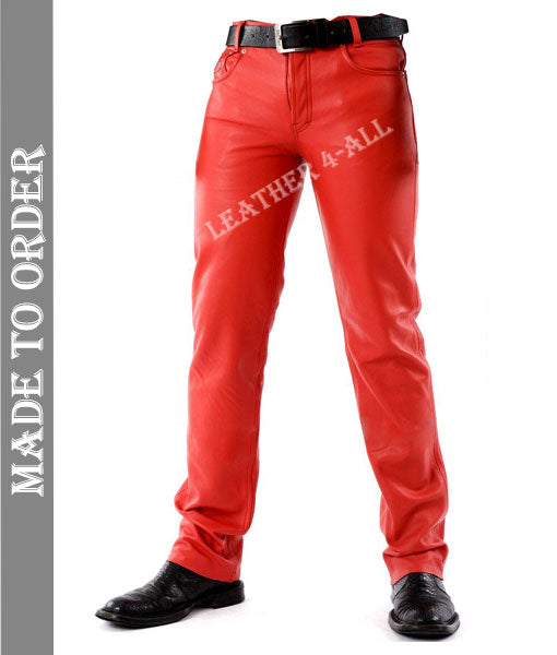 Men's Real Cowhide Leather 5 Pockets Style Pants / Trousers Motor Bikers Pants In Red Color