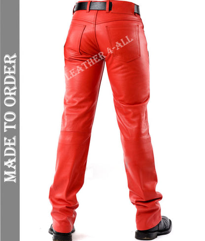 Men's Real Cowhide Leather 5 Pockets Style Pants / Trousers Motor Bikers Pants In Red Color