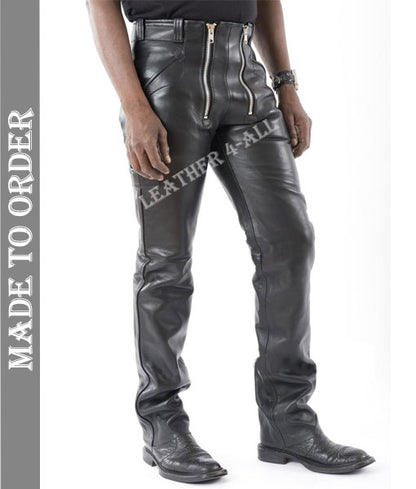 Men's Real Cowhide Natural Grain Leather Carpenter Pants Bikers Leather Pants