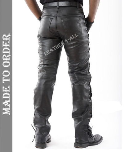 Men's Real Natural Grain Cow Leather Bikers Pants Laces Up Style Bikers Pants Side Laces Pants