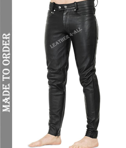 Men's Real Cow Leather Slim Fit Leather Casual Pants BLUF Gay Leather Pants With Inside Ankle Zip Closure