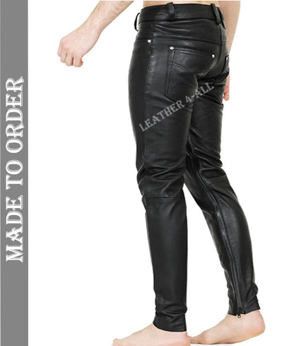 Men's Real Cow Leather Slim Fit Leather Casual Pants BLUF Gay Leather Pants With Inside Ankle Zip Closure