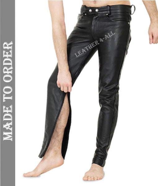 Men's Real Cow Leather Slim Fit Leather Casual Pants BLUF Gay Leather Pants With Inside Ankle Zip Closure