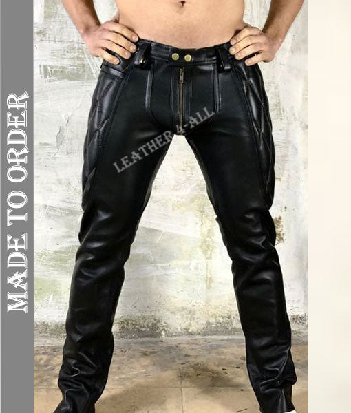 Men Real Leather Bikers Pants Diamond Quilted Panels MADE TO ORDER Leather Pants