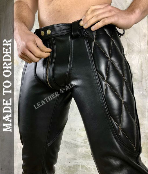 Men Real Leather Bikers Pants Diamond Quilted Panels MADE TO ORDER Leather Pants