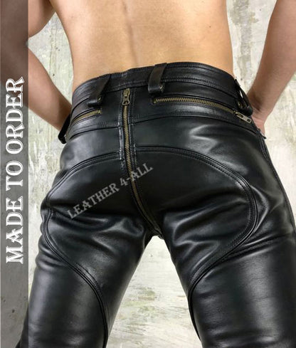 Men Real Leather Bikers Pants Diamond Quilted Panels MADE TO ORDER Leather Pants