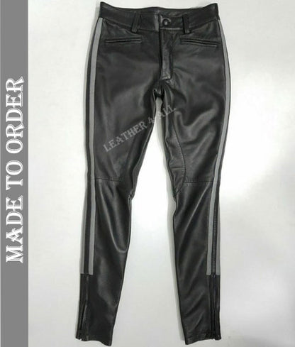 Men's Genuine Cowhide Leather Bikers Pants BLUF Bikers Pants With Side Gray Stripes