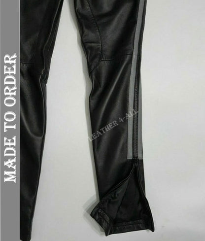 Men's Genuine Cowhide Leather Bikers Pants BLUF Bikers Pants With Side Gray Stripes