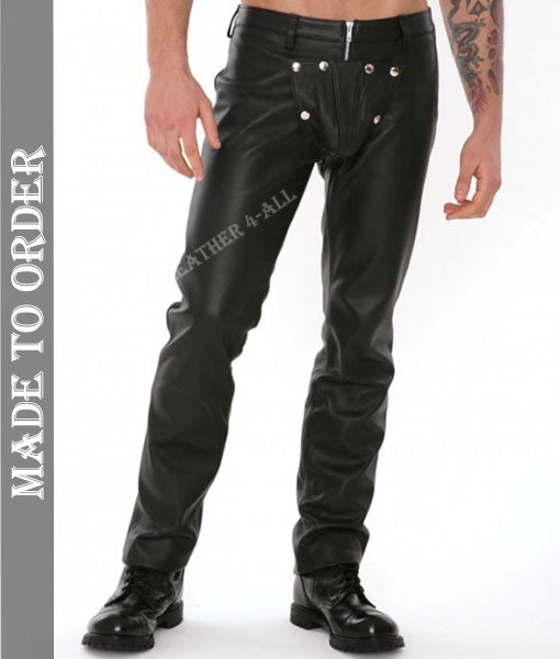 Men's Genuine Cow Natural Grain Leather Bikers Pants With Detachable Codpiece BLUF Pants