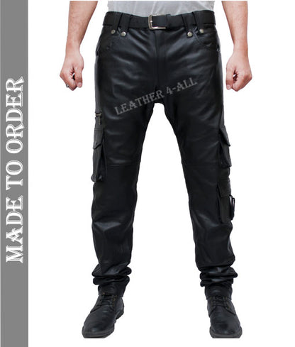 Men's Real Cowhide Leather Bikers Cargo Pants Bikers Pants With Cargo Pockets