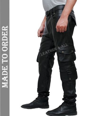 Men's Real Cowhide Leather Bikers Cargo Pants Bikers Pants With Cargo Pockets