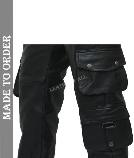 Men's Real Cowhide Leather Bikers Cargo Pants Bikers Pants With Cargo Pockets
