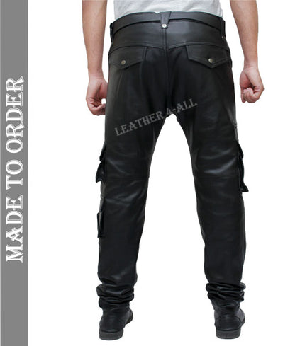 Men's Real Cowhide Leather Bikers Cargo Pants Bikers Pants With Cargo Pockets