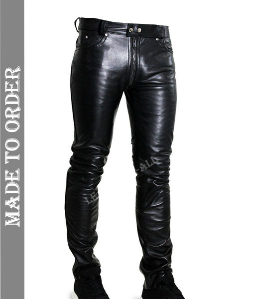 Men's Real Leather Pants Double Zips Leather Pants Front And Back Zips Bikers Pants