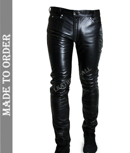 Men's Real Leather Pants Double Zips Leather Pants Front And Back Zips Bikers Pants