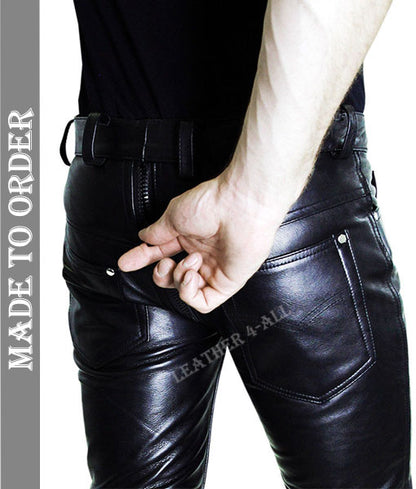 Men's Real Leather Pants Double Zips Leather Pants Front And Back Zips Bikers Pants