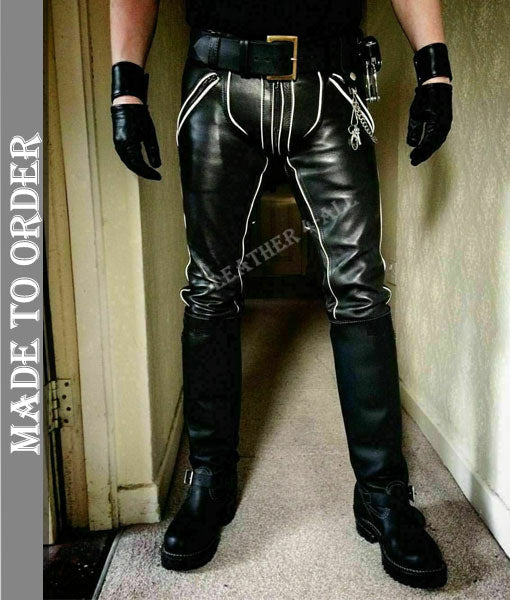 Men's Real Leather Pants Bikers Pants With Color Piping Bikers Pants BLUF Pants