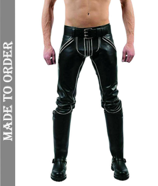 Men's Real Leather Pants Bikers Pants With Color Piping Bikers Pants BLUF Pants