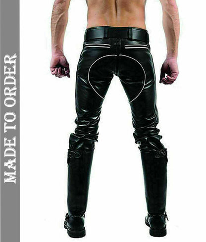 Men's Real Leather Pants Bikers Pants With Color Piping Bikers Pants BLUF Pants