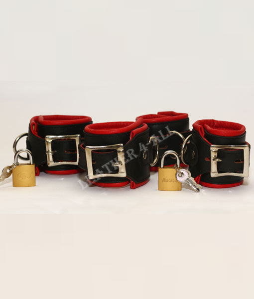 REAL LEATHER 4 PIECES HEAVY DUTY PADDED BONDAGE RESTRAINT SET WITH FREE PADLOCKS In Red Color