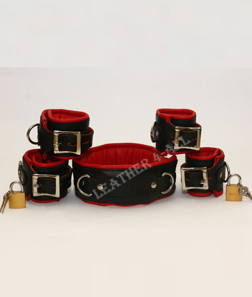 REAL LEATHER 5 PIECES HEAVY DUTY PADDED BONDAGE RESTRAINT SET WITH FREE PADLOCKS In Red Color