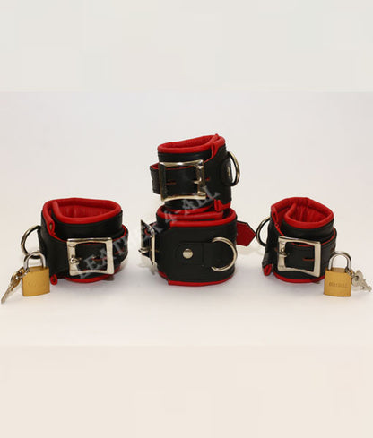 REAL LEATHER 4 PIECES HEAVY DUTY PADDED BONDAGE RESTRAINT SET WITH FREE PADLOCKS In Red Color