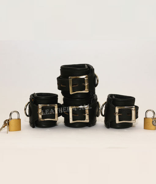 REAL LEATHER 4 PIECES HEAVY DUTY PADDED BONDAGE RESTRAINT SET WITH FREE PADLOCKS In Black Color