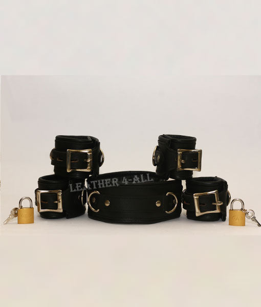REAL LEATHER 5 PIECES HEAVY DUTY PADDED BONDAGE RESTRAINT SET WITH FREE PADLOCKS In Black Color