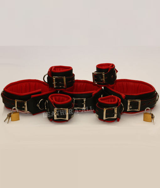 REAL LEATHER 7 PIECES HEAVY DUTY PADDED BONDAGE RESTRAINT SET + FREE 7 PADLOCKS In Red Color