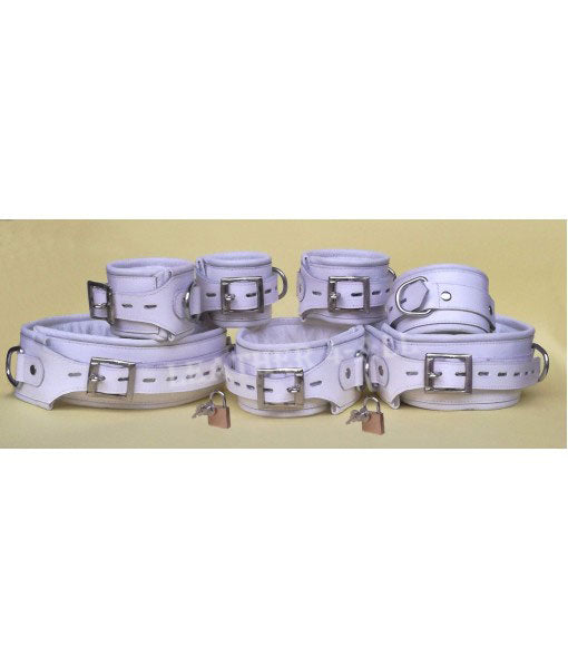 GENUINE LEATHER 7 PIECES HEAVY DUTY PADDED BONDAGE RESTRAINT SET FREE 7 PADLOCKS In White Color