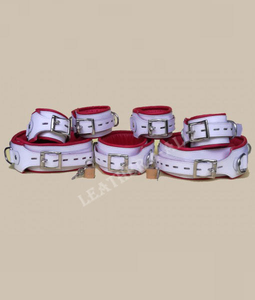 GENUINE LEATHER 7 PIECES HEAVY DUTY PADDED BONDAGE RESTRAINT SET FREE 7 PADLOCKS In Red And White Color