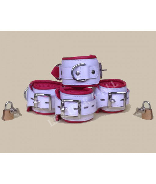 REAL LEATHER 4 PIECES HEAVY DUTY WHITE PADDED BONDAGE RESTRAINT SET WITH FREE PADLOCKS In Red & White