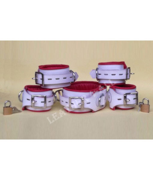 GENUINE LEATHER 5 PIECES HEAVY DUTY PADDED BONDAGE RESTRAINT SET FREE 5 PADLOCKS In Red & White