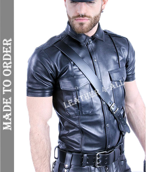 Men's Genuine Lamb Leather Police Uniform Sexy Short Sleeves Leather Shirt