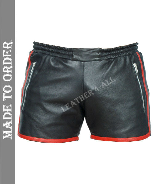 Men's Genuine Lamb Leather Gym Sports Shorts With Red Stripes