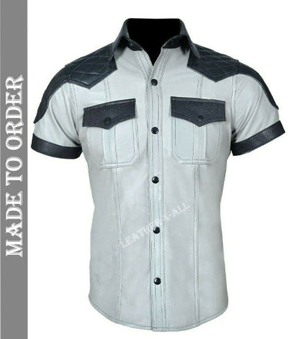 Men's Real Leather Police Uniform Shirt Sexy Short Sleeve White Leather Shirt With Quilted Shoulder Panels