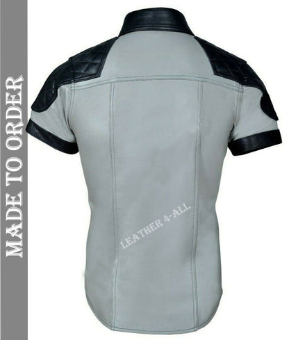 Men's Real Leather Police Uniform Shirt Sexy Short Sleeve White Leather Shirt With Quilted Shoulder Panels