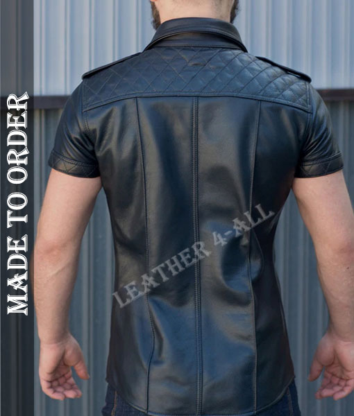 Men's Genuine Lamb Leather Police Uniform Sexy Short Sleeves Quilted Panels Leather Shirt