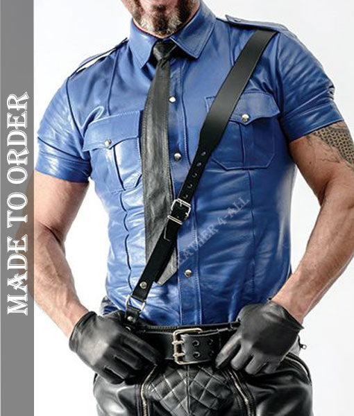 Men's Real Cowhide Leather Police Uniform Shirt Short Sleeves Leather Shirt