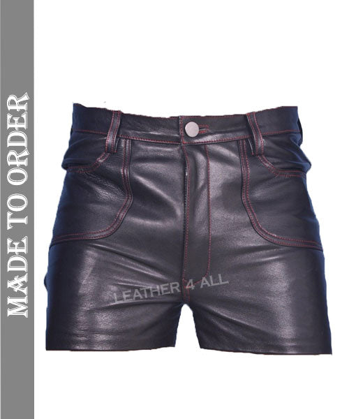 Men's Genuine Leather Shorts Club Wear Shorts Stitched With Red Thread