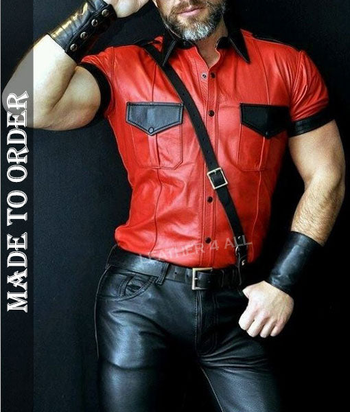 Men's Real Leather Police Uniform Shirt Sexy Short Sleeve Red Leather Shirt