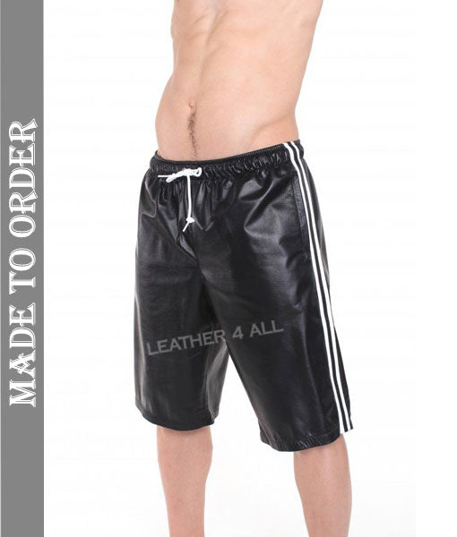 Men's Real Lamb Leather Long Shorts Basketball / Boxers Shorts With Side Stripes