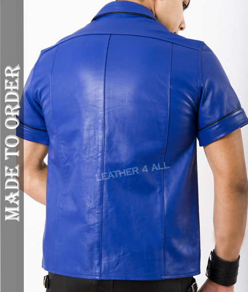 Men's Real Cowhide Leather Short Sleeves Blue Leather Shirt With Black Piping + Free Wrist Band