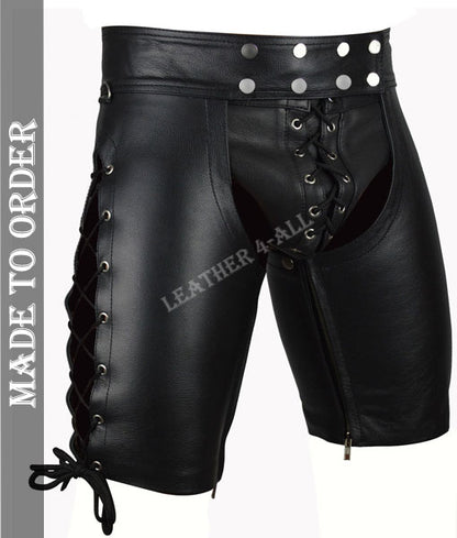 Men's Real Leather Chaps Shorts Side Laces Up / Chaps / Club Wear Chaps Shorts