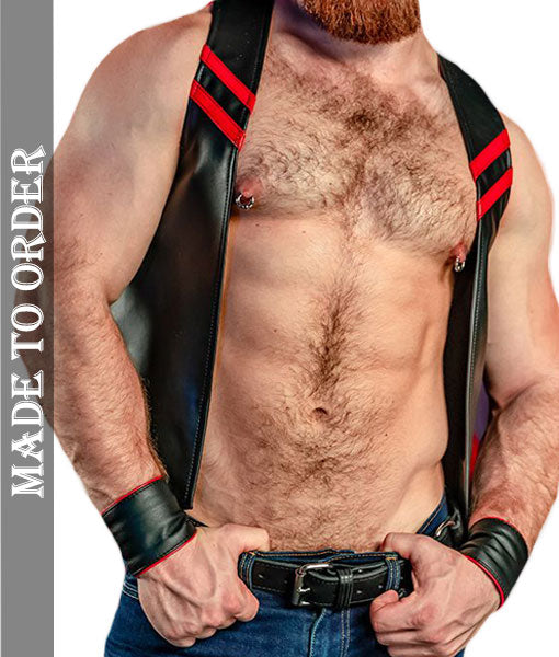 Men's Real Leather Bartender Vest With Panels In Different Colors At Front & Back