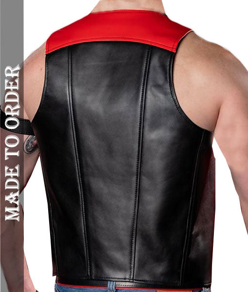 Men's Real Leather Bartender Vest With Panels In Different Colors At Front & Back