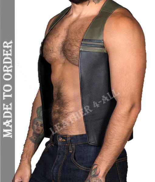 Men's Real Leather Bartender Vest With Contrast Color Leather Panels