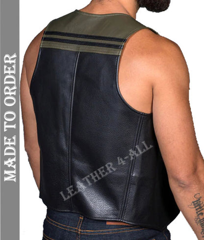 Men's Real Leather Bartender Vest With Contrast Color Leather Panels