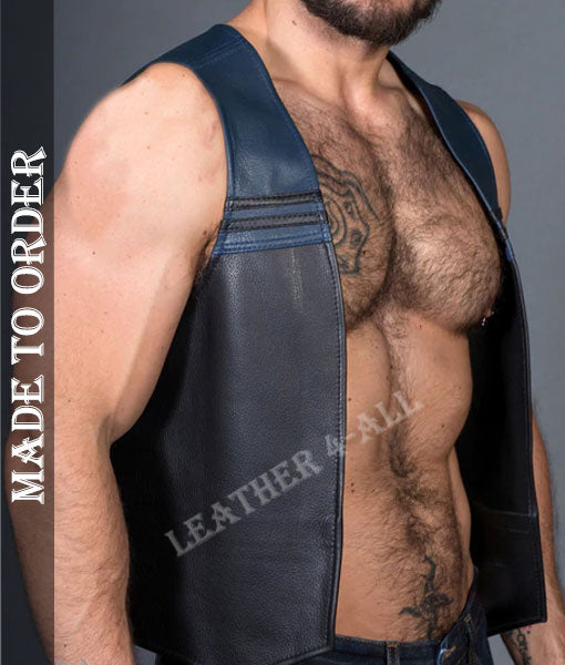 Men's Real Cowhide Leather Bartender Vest Contrast Panels Bartender Vest